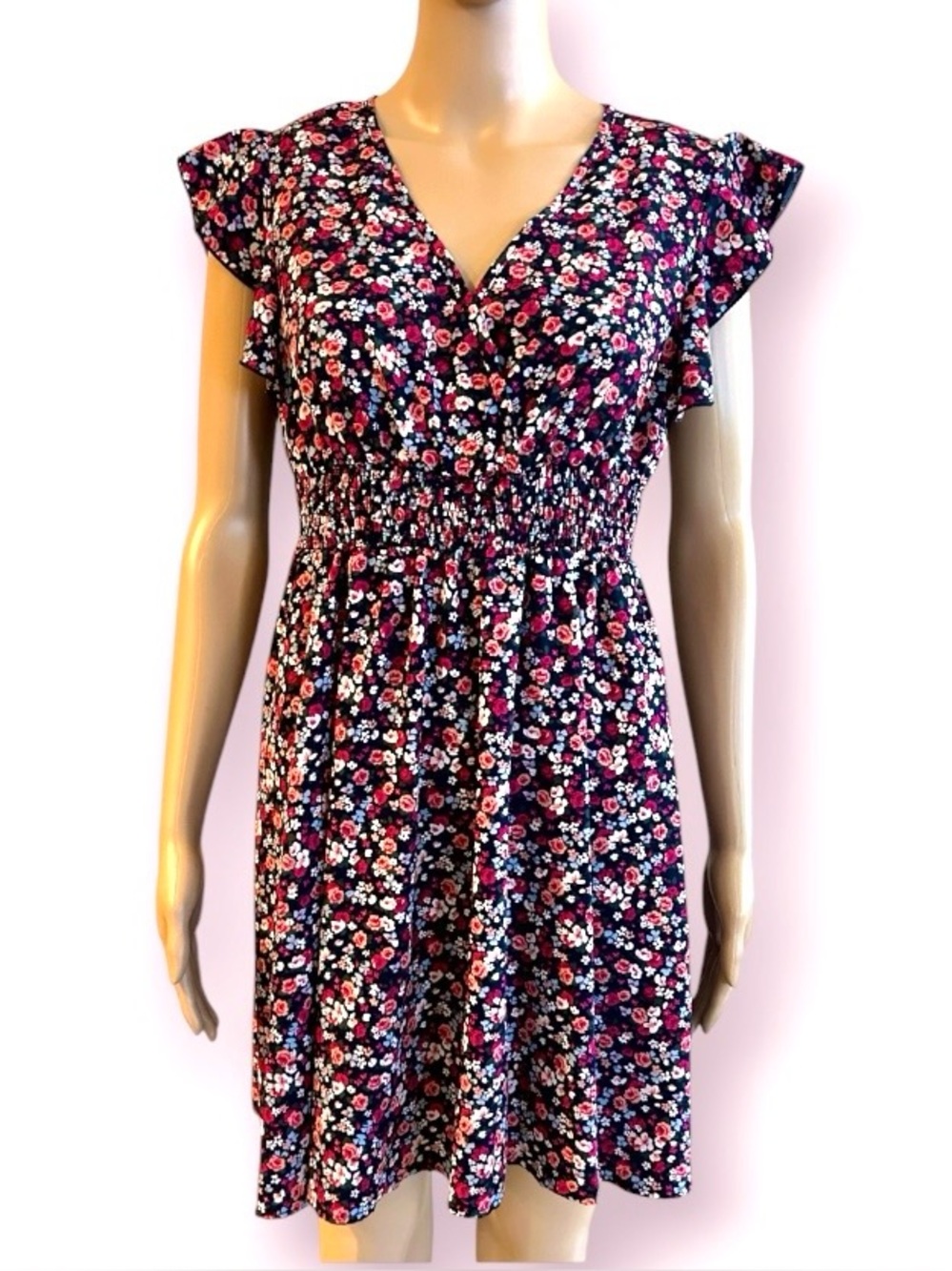 Floral V-Neck Smocked Waist Dress - Black with Pink & White Flowers Sz.6